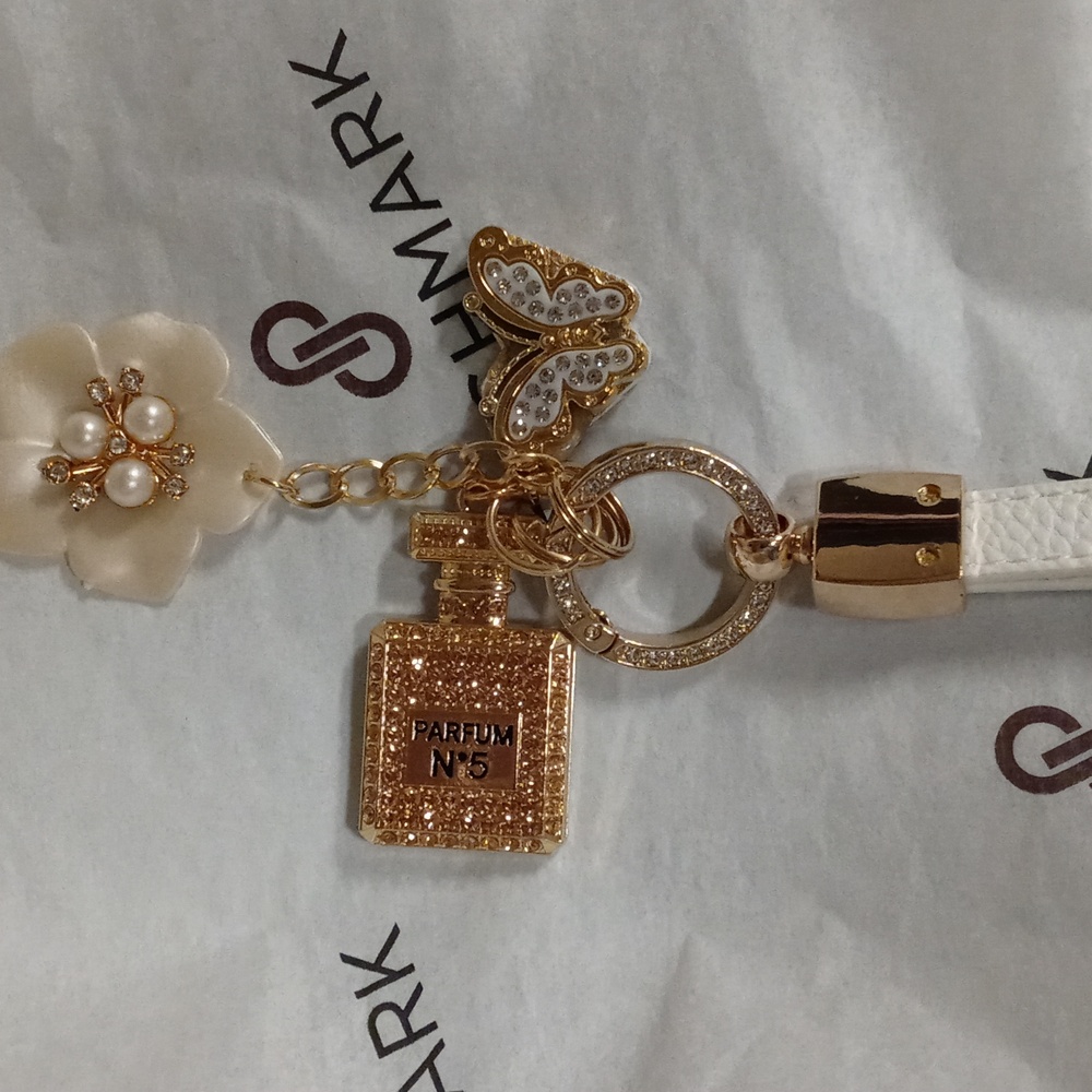 Leather Gold Rhinestone Perfume Bottle Butterfly Flower Bag Charm Handcrafted - Picture 10 of 11